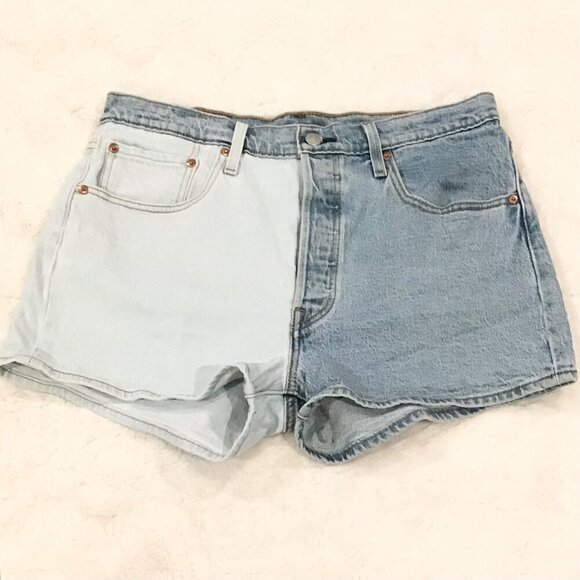 Levi’s 501 Sz 32 (14/15) Two Tone Denim Women’s Shorts Colorblock Stretch Light - Picture 4 of 10